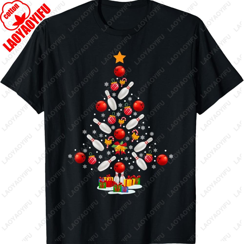 Funny Bowling Christmas Tree Graphic T Shirts Unisex Clothes Unisex Clothing Cotton Tshirt Bowling Lovers TShirt Print Tops Gift