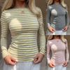 Damen Farbe Passend Gestreift Schlank Geschnitten Langarm Freizeit Basic T-Shirt