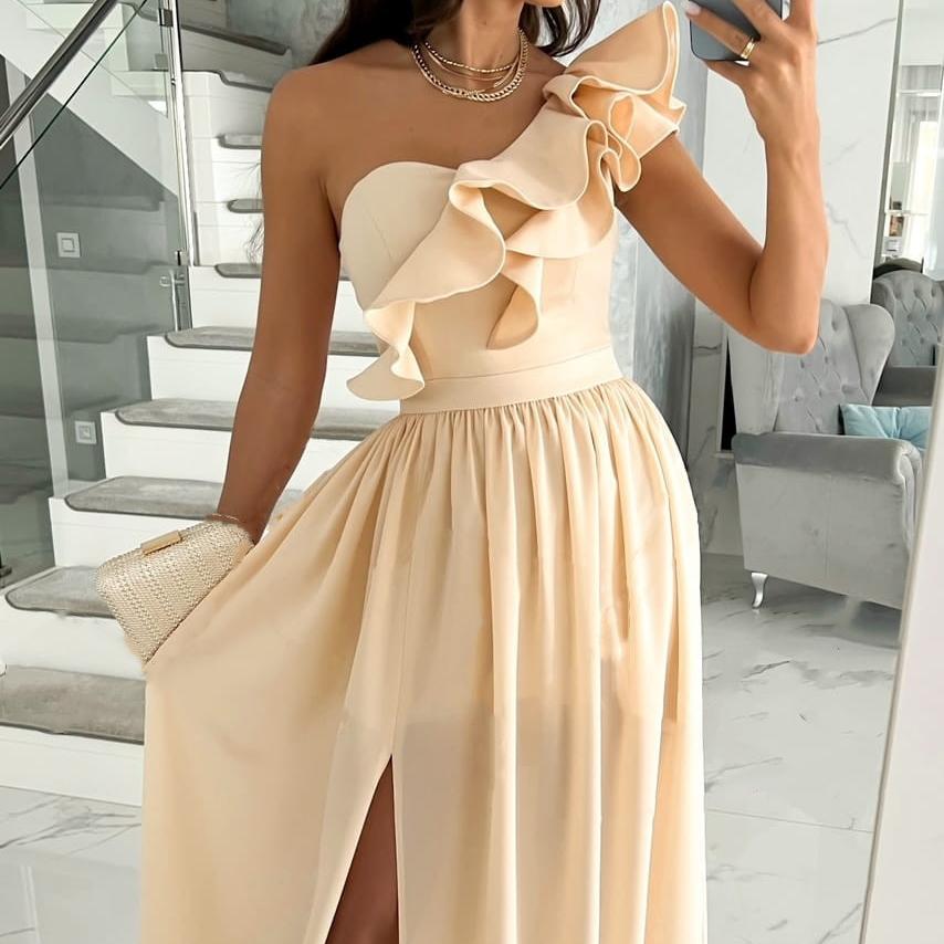 Summer Asymmetrical One-Shoulder Ruffle Split Hem Dress Sleeveless Irregular Hem Formal Gown Off-the-shoulder Ruffled Hem Split Dress