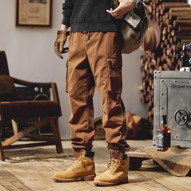 Men s New Solid-color Overalls Men s Casual Pants High Street Functional Pants Loose Straight Leggings Trendy Pants 28 темно-коричневого
