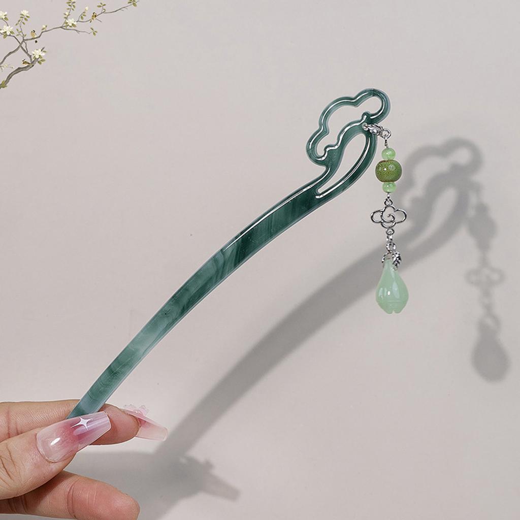 Ancient Chinese Style Hairpins Gradient Green Color Resin Hair Sticks Forks Chain Tassel Pendant Headpieces Hair Bun Maker