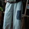 Johnature Pantaloni casual da donna larghi in denim con stampa floreale vintage patchwork da donna