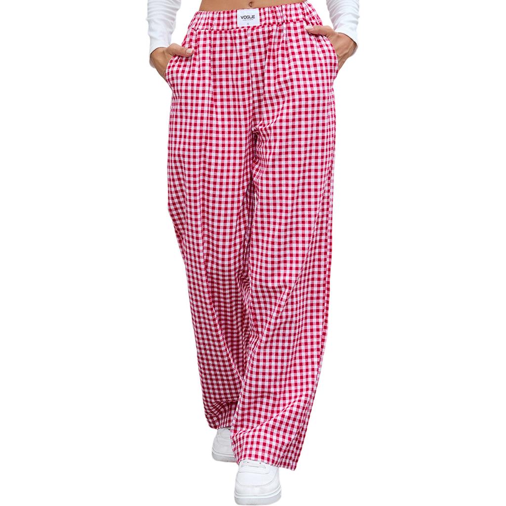 European and American Women's Pure Cotton Plaid Casual Boxer Pants Loose Pocket Trousers