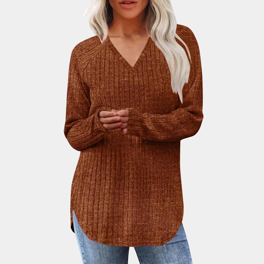 Women's Fashion Loose-Fit Long-Sleeved Knitted T-Shirt In Solid Colour Top