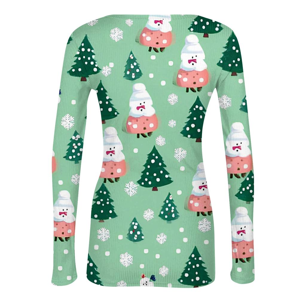 Damska modna koszulka bazowa slim-fit z okrągłym dekoltem, z nadrukiem świątecznym, z długim rękawem