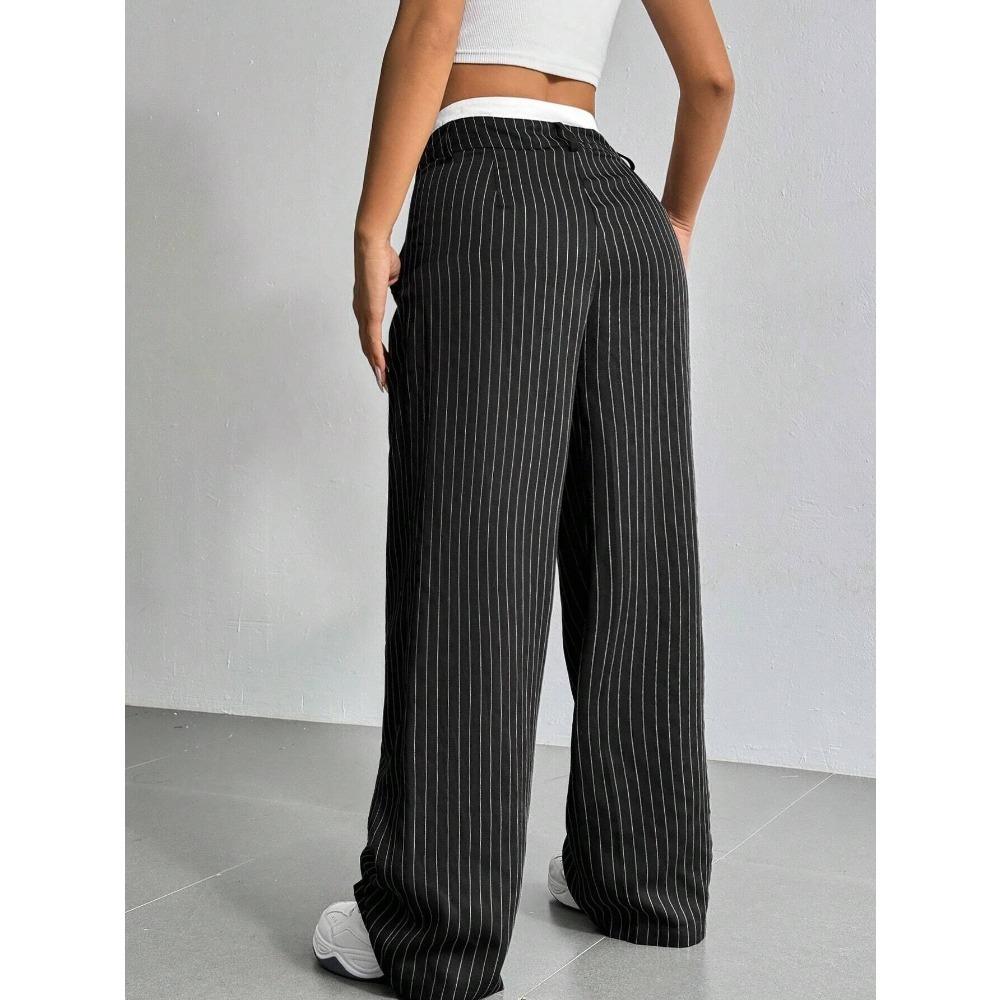 Women's Trousers Japanese and Korean Casual High Waist Color Matching Simple Drape Striped Straight Trousers Wide Legs