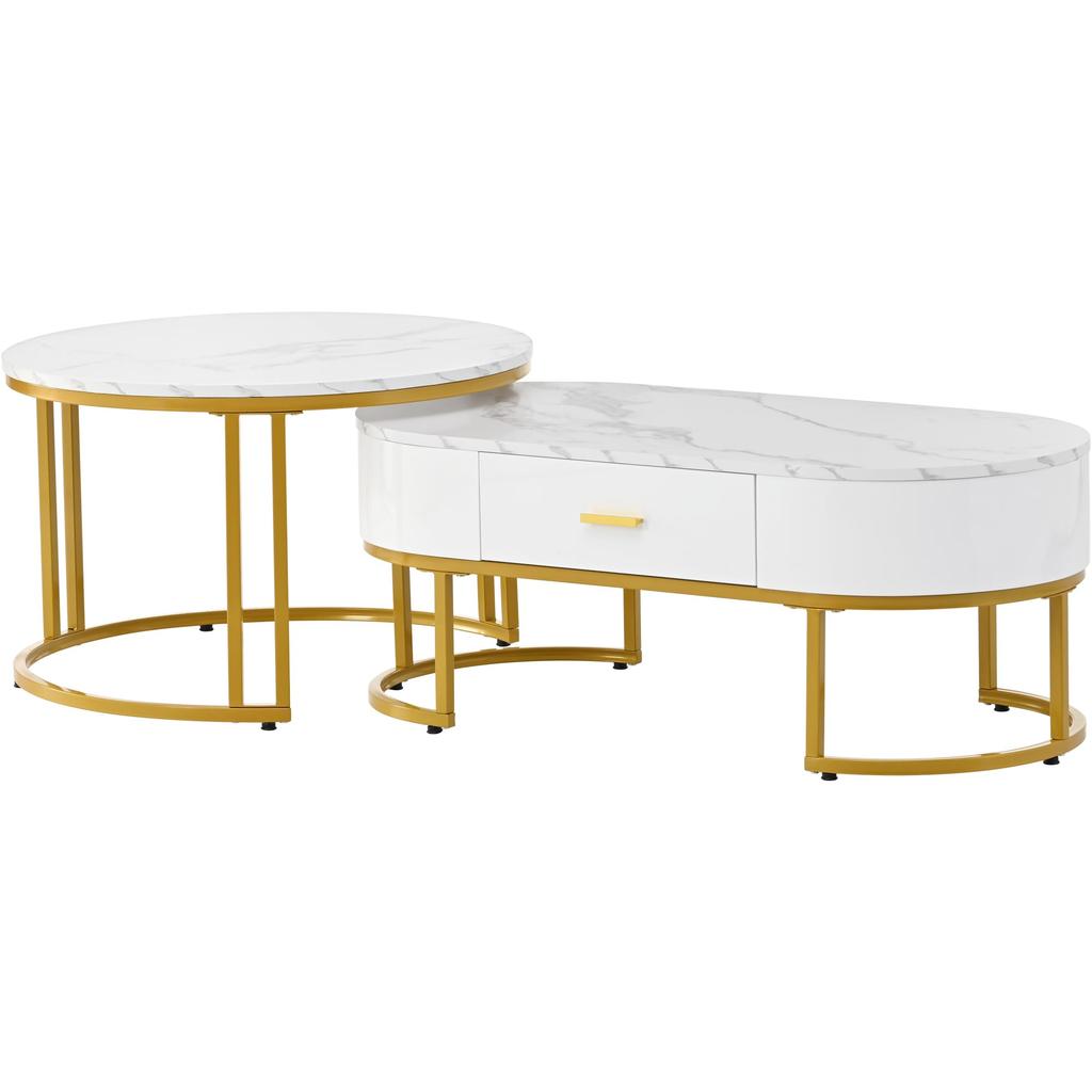 Couchtisch Rund 2er Set Satztische, Moderne Edle Nesting Kaffeetisch Oval Sofatisch Schubladen, Tischplatte Marmormuster, Balkon Büro, Weiß