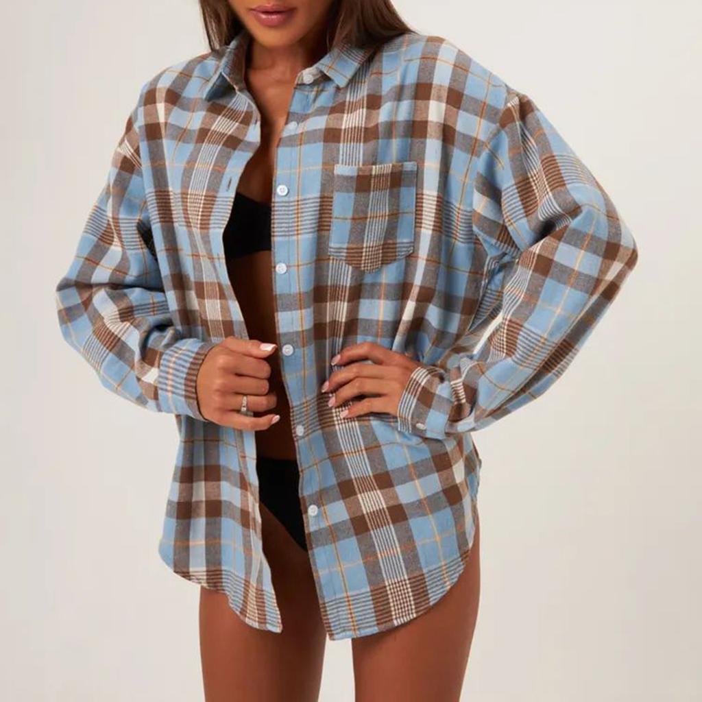 Dámská ležérní kostkovaná košile s dlouhým rukávem Volný top