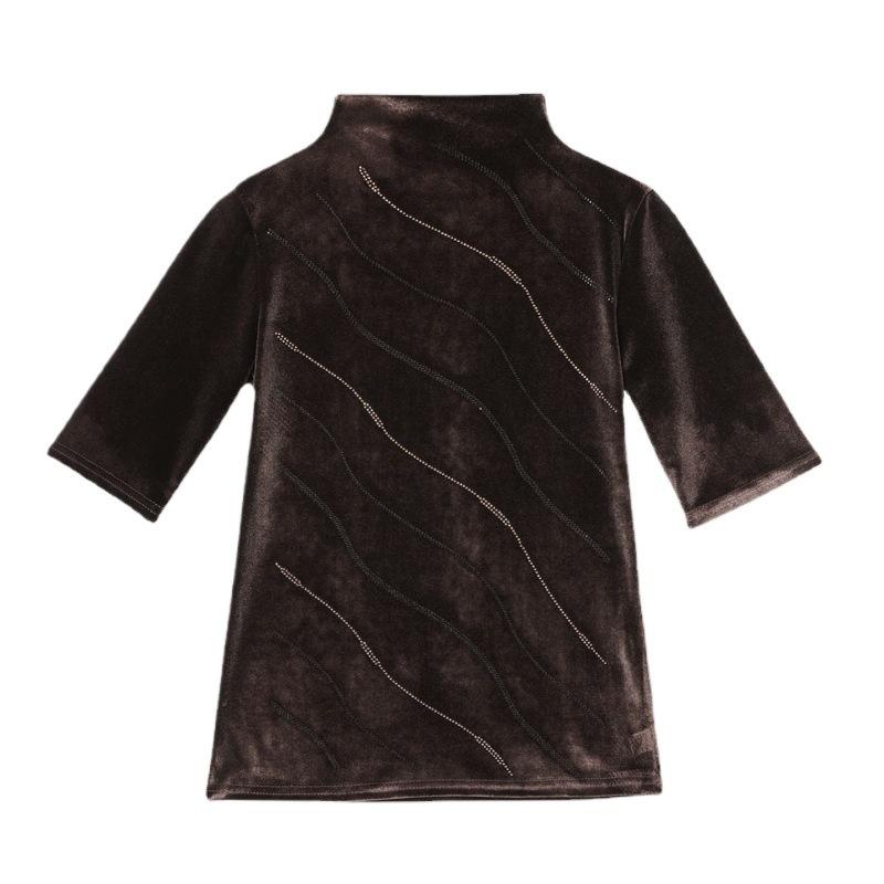 Basisshirt für Damen aus goldenem Samt mit halbem Rollkragen und Diamantmuster, vielseitiges Basisshirt für T-Shirt mit halblangen Ärmeln