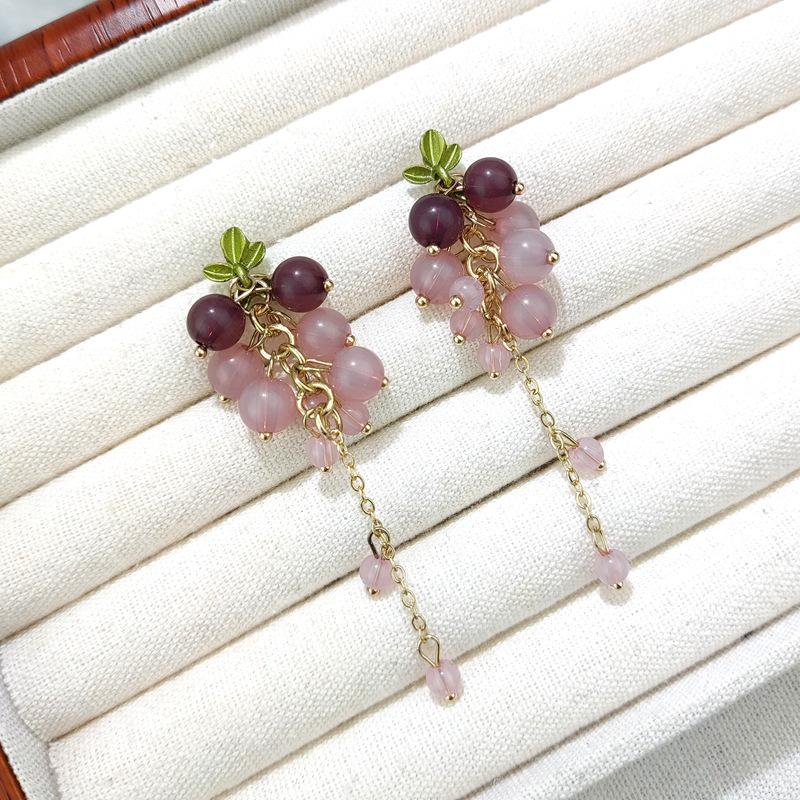 Elegant Broken Crystal Grape Tassel Earrings - Women's Niche Design Ear Hook Style