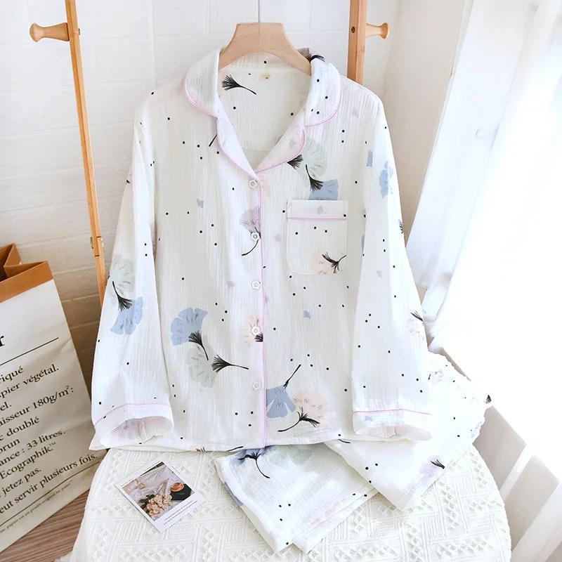 Neues Pyjama-Set für Damen, 100 % Baumwollkrepp, Blumenmuster, schlichtes, langärmeliges zweiteiliges Pyjama-Set