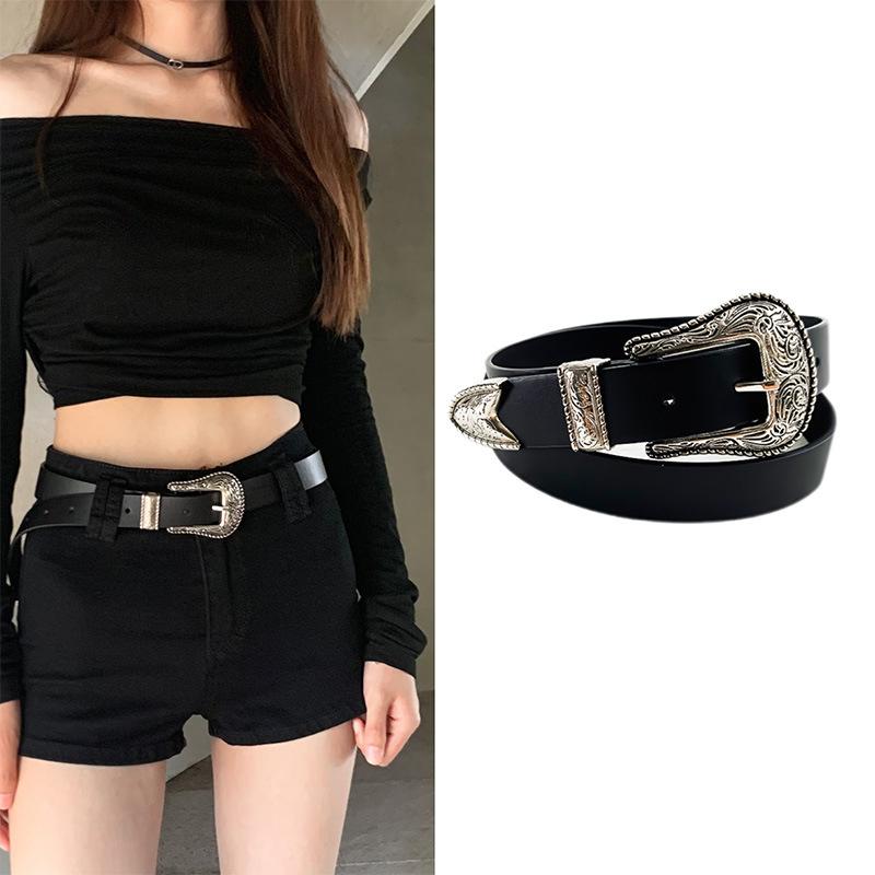Women'S Belt Vintage Carved Needle Buckle Punk Hip Hop Rock Style Jeans Belt Y2K Belt Pu Leather Belt