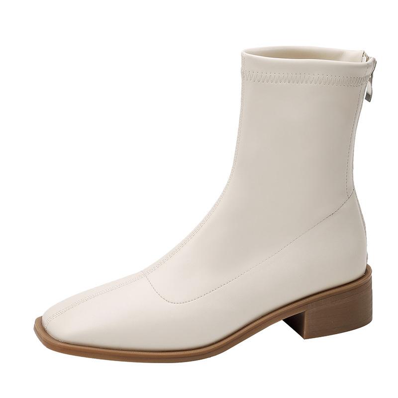 Cowhide~ Xiaoxiangfeng Skinny French Short Boots Women's Square Head Thick Heel Middle Heel Temperament Boots Niche Design British Style