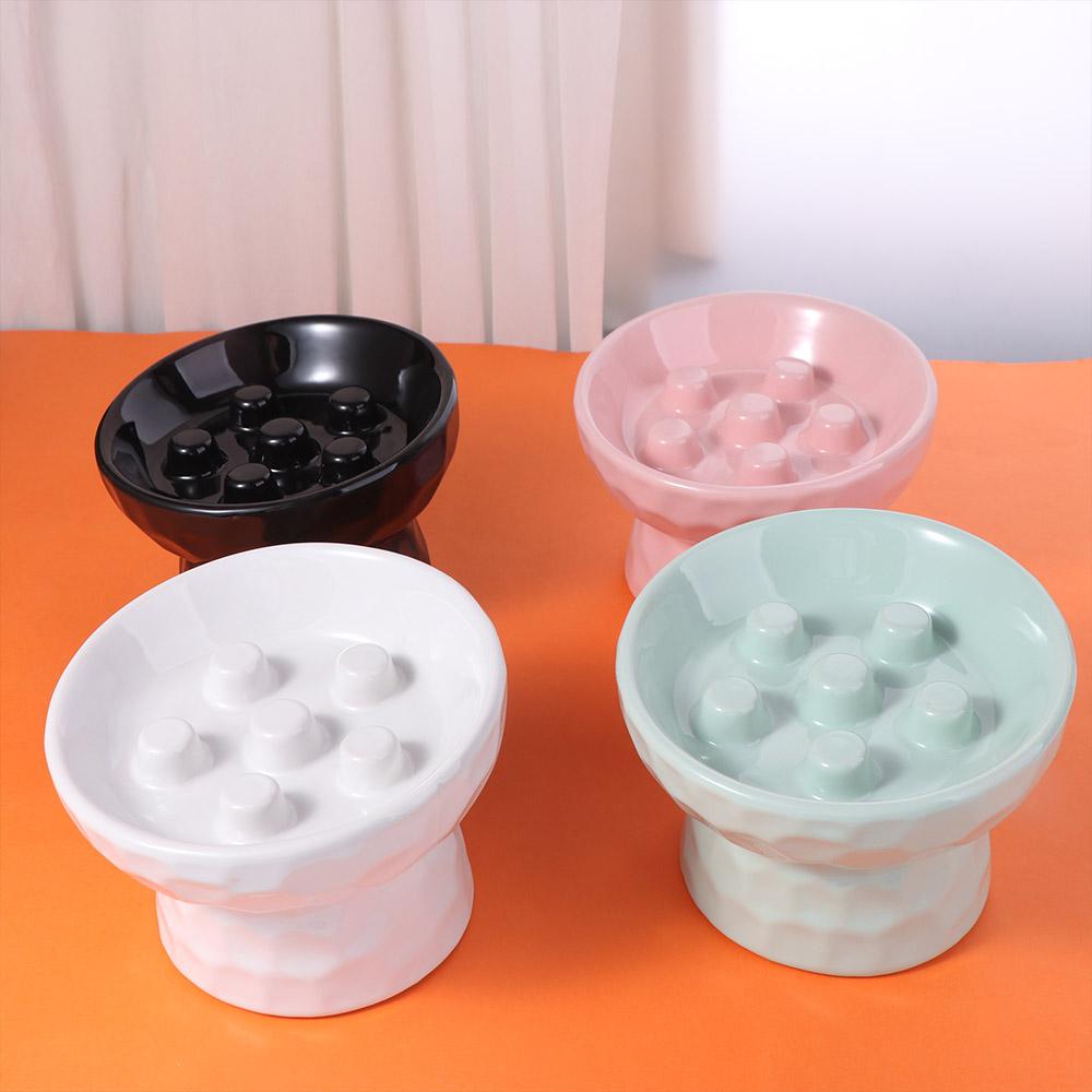 Ceramic Cat Slow Feeder Bowl Slanted Mouth Non-slip Pet High Foot Bowl Anti Tipping Stable Elevated Cats Feeder Basin