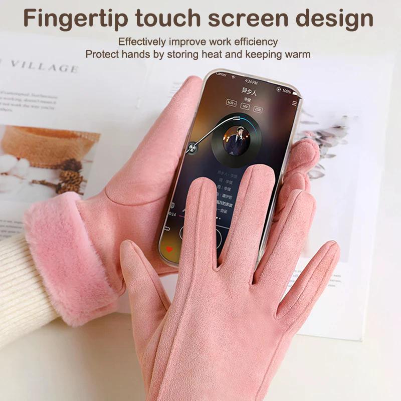 כפפות זמש חמות לסתיו-חורף עם בטנת קטיפה עבה ועיטור פרווה ביד. כפפות לשימוש חיצוני, עמידות לקור, עם מסך מגע, לכפפות רכיבה וסקי.