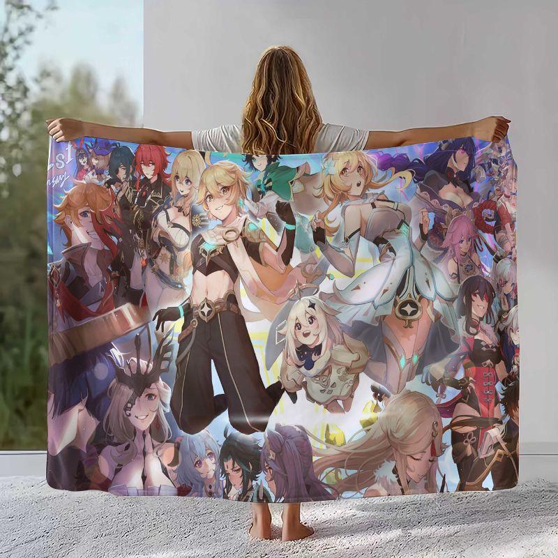 Classic Game Genshin Impact Cartoon Flannel Blanket,Ultra Soft Warm Plush Throw for Home Bedroom Bed Sofa Cover Office Camping