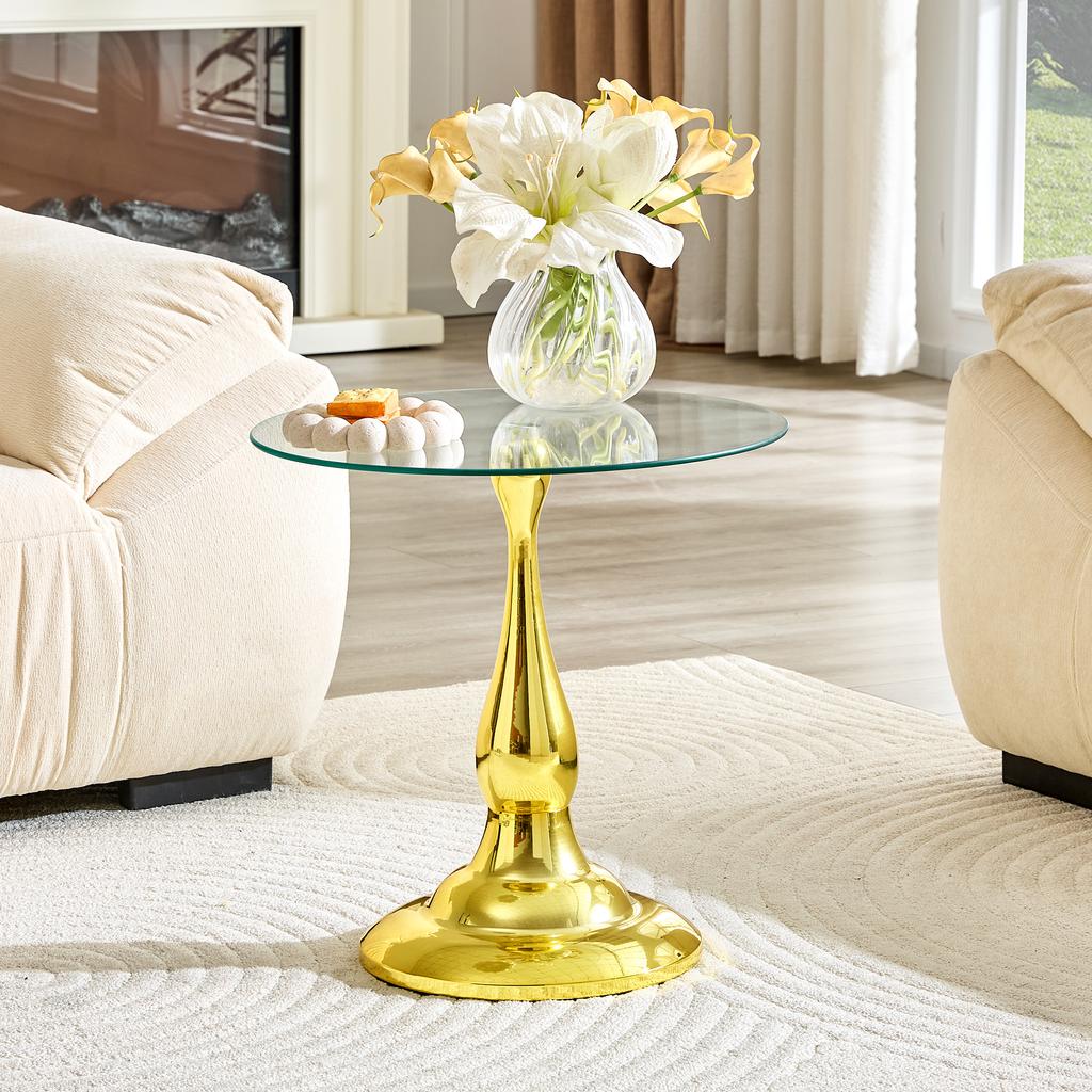 Round Glass Side Table Modern, Elegant Coffee Table with Tempered Glass Top & Stable Base, Compact Sofa Table for Living Room Bedroom (Table Only)
