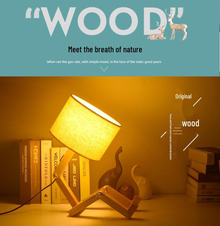 Nordic Solid Wood LED Bedside Night Light - Robot Table Lamp