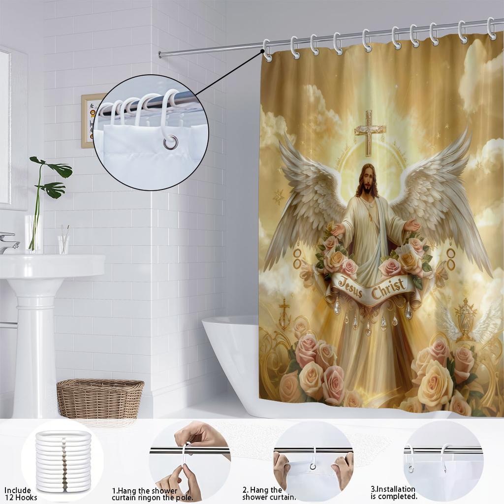 1Pc Holy Jesus Print Waterproof Shower Partition Privacy Hanging Curtain With 12 Hooks, Multiple Sizes Easy Installation