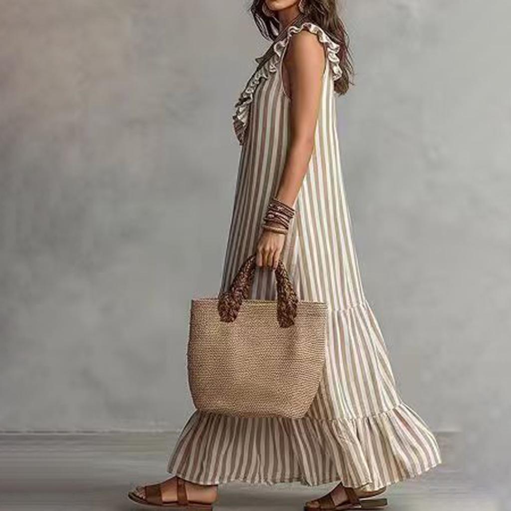 Women's Bohemian Striped Maxi Dress with Ruffle V-Neck Sleeveless Loose Fit for Vacation Travel