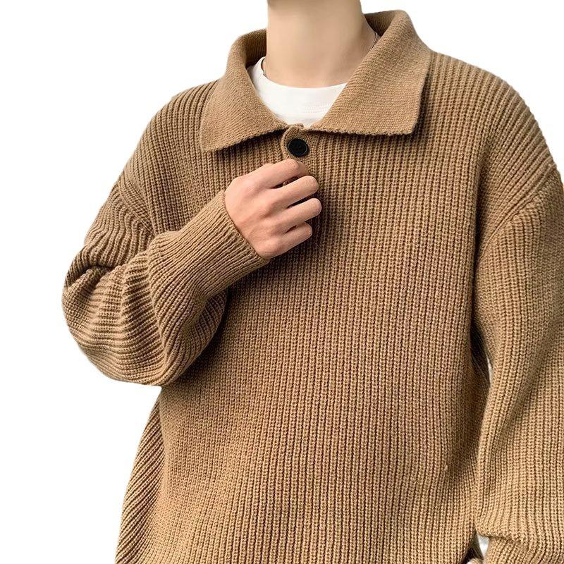 Japanese Lazy Style Polo Neck Sweater Men's American Retro Coffee Color Advanced Sense Oversize Knitted Sweater