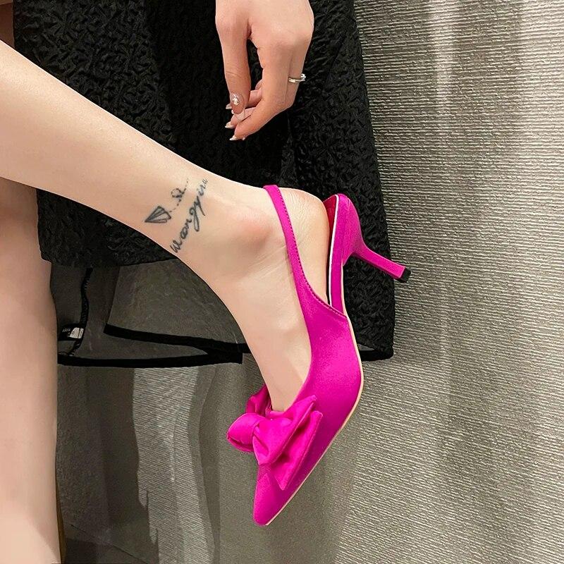 7cm Summer Brand Women Slingback Sandals Shoes Fashion Bow-knot Pointed Toe Slip On Ladies Elegant Dress Pumps Shoes