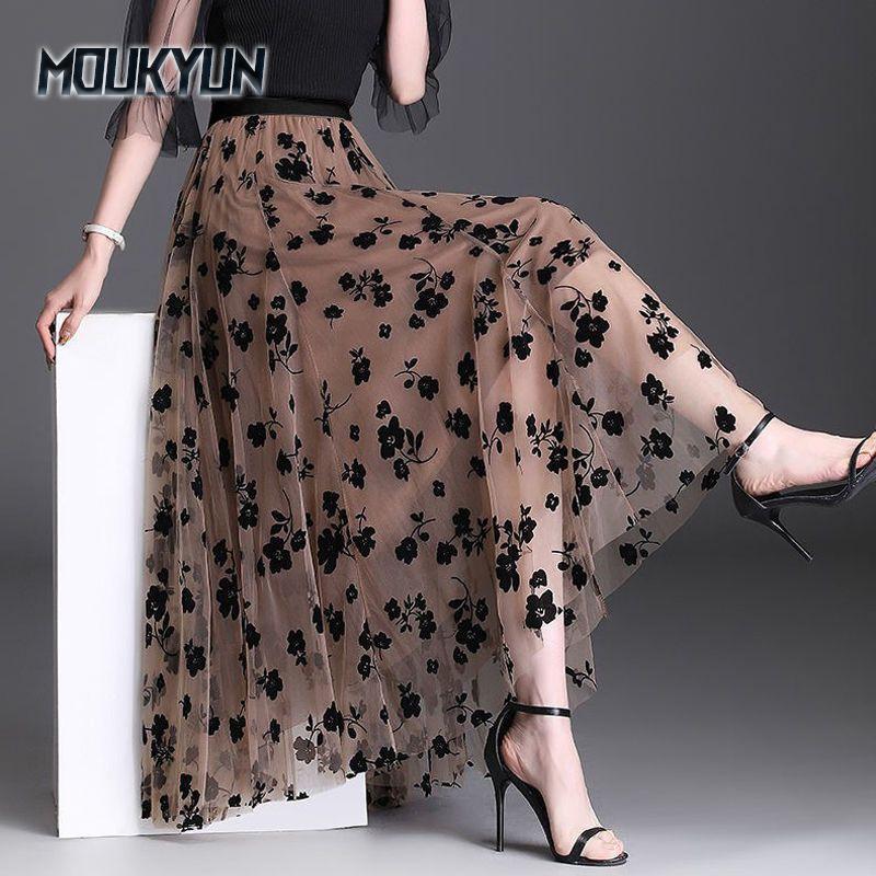 Mesh Floral Skirts Women Elegant Coffee Long Gauze Skirt Korean Fashion High Waisted Puff Tutu Midi Skirt Faldas