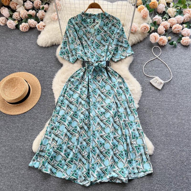 Summer new temperament shirt dress women's print waist over knee pendulum celebrity floral long skirt tide