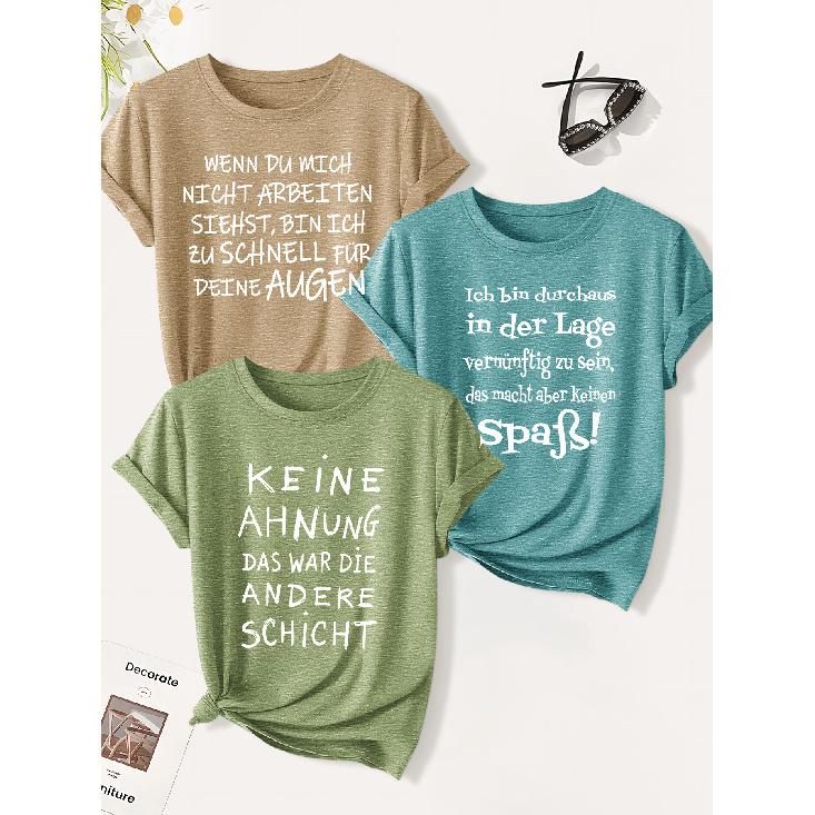 3 Pack of Women's Summer Tops | German Funny and Sarcastic Work Complaining Slogan Print T Shirt | Minimalist Style Trendy Casual Round-neck