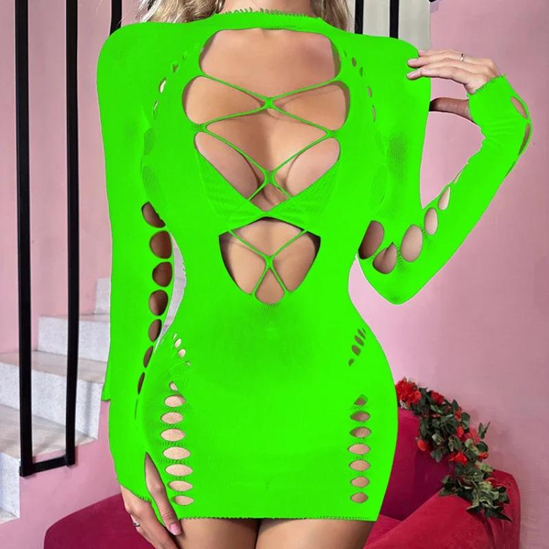Sexy Fishnet Bodycon Dresses Women Hollow Nightwear Night Clothes  Pajamas Mujer Porno Clubwear See Through Bodysuit Dress