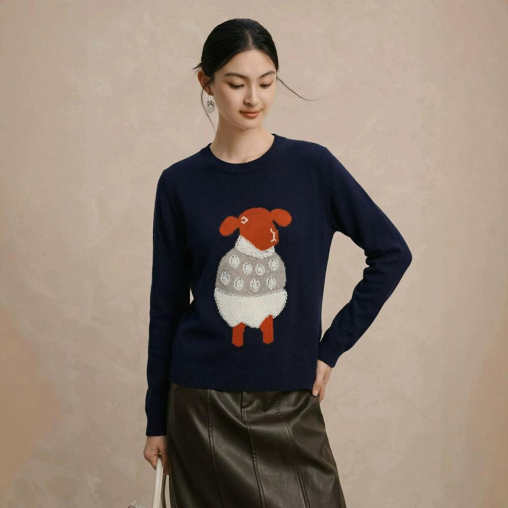 Women's Cute Little Sheep Cartoon Wool Sweater – Round Neck, Loose Fit Knitwear