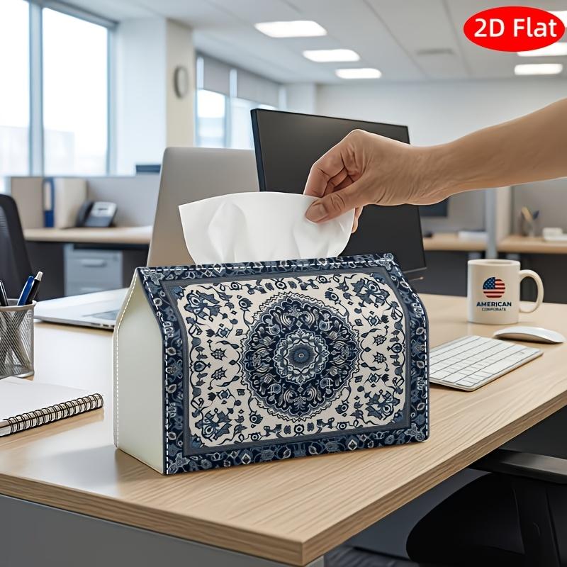 2D Flat, 1pc Tissue Box, Printed on Both Sides, Tissue Box Holder in Blue And White with Detailed Design Versatile Napkin Dispenser for Home, Events,