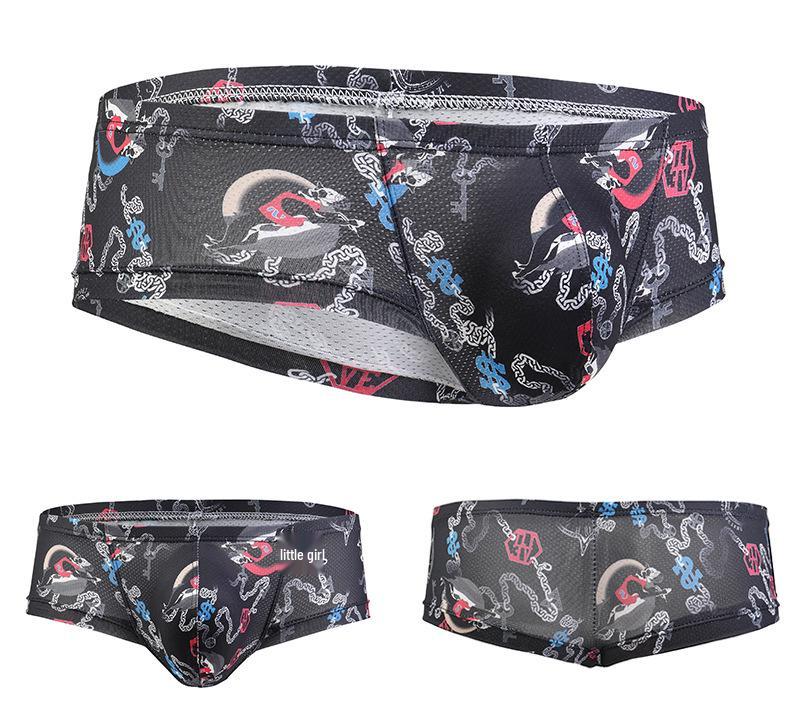 GAY Euro-Amerikanische Mid-Low Rise Herren Unterhose mit Kopf-Print, U-Konvexes Mesh, Atmungsaktiv & Feuchtigkeitstransportierend, Schweißabsorbierender Stil E085.