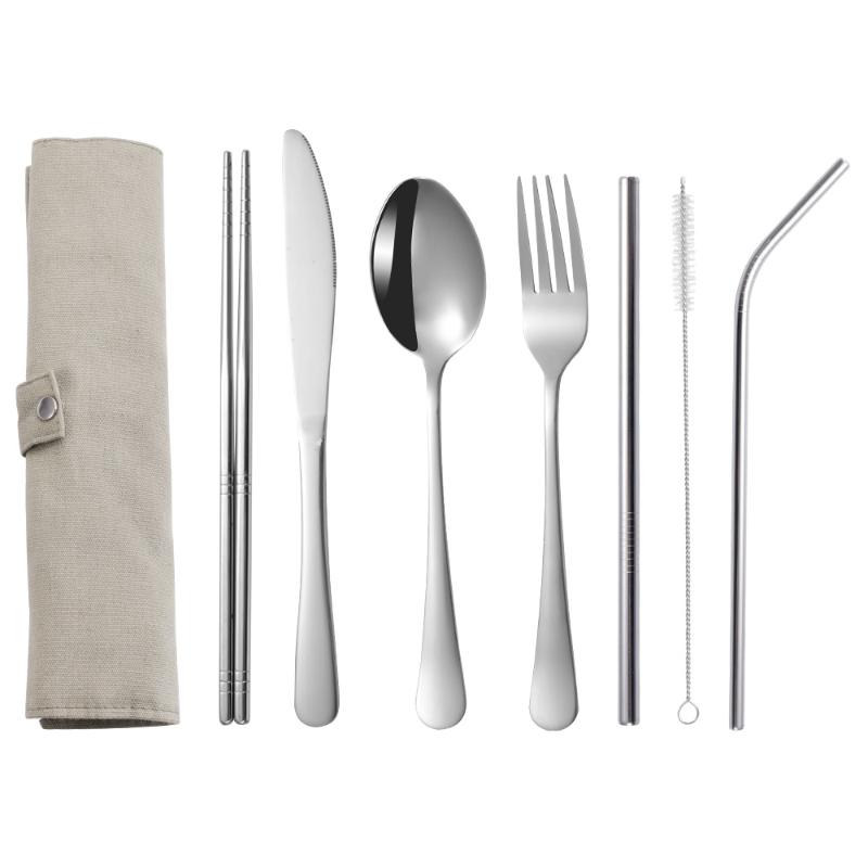 

8Pcs/Set Tableware Travel Cutlery Set 430 Stainless Steel Spoon Fork Chopsticks Straw Brush Portable Case Camping Utensils B