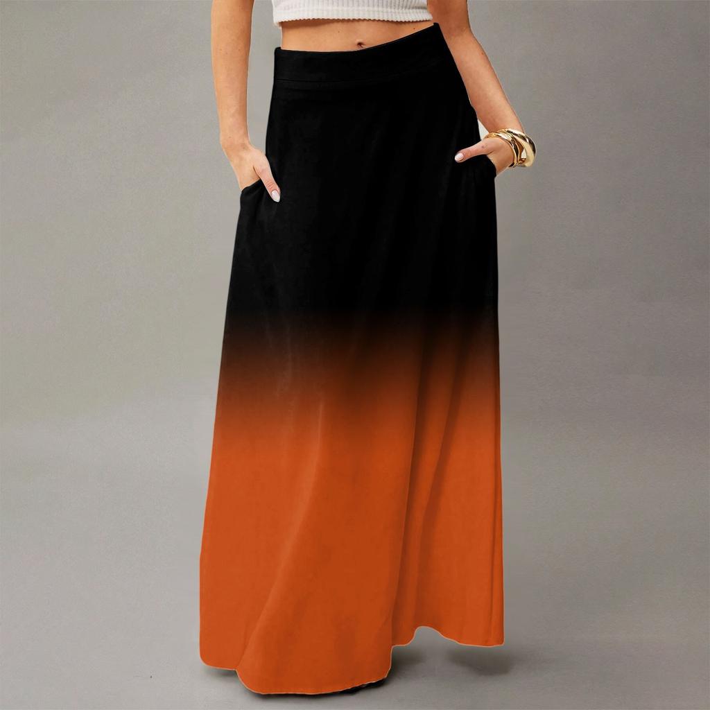 Women's Casual Leisure Foldable Gradient Print High Waist With Pocket Draped  Relaxed Long Maxi Skirt