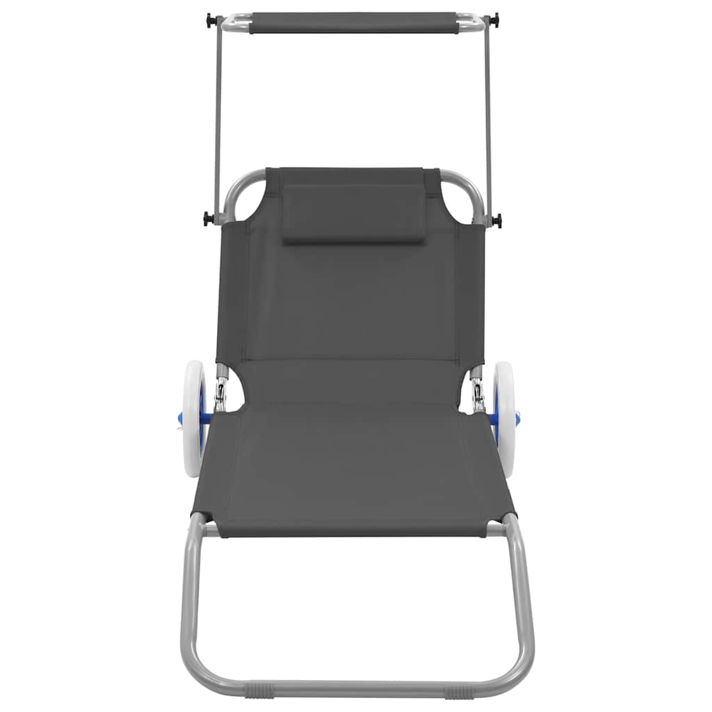 Folding Sun Lounger with Sunshade and Wheels Steel Gray
