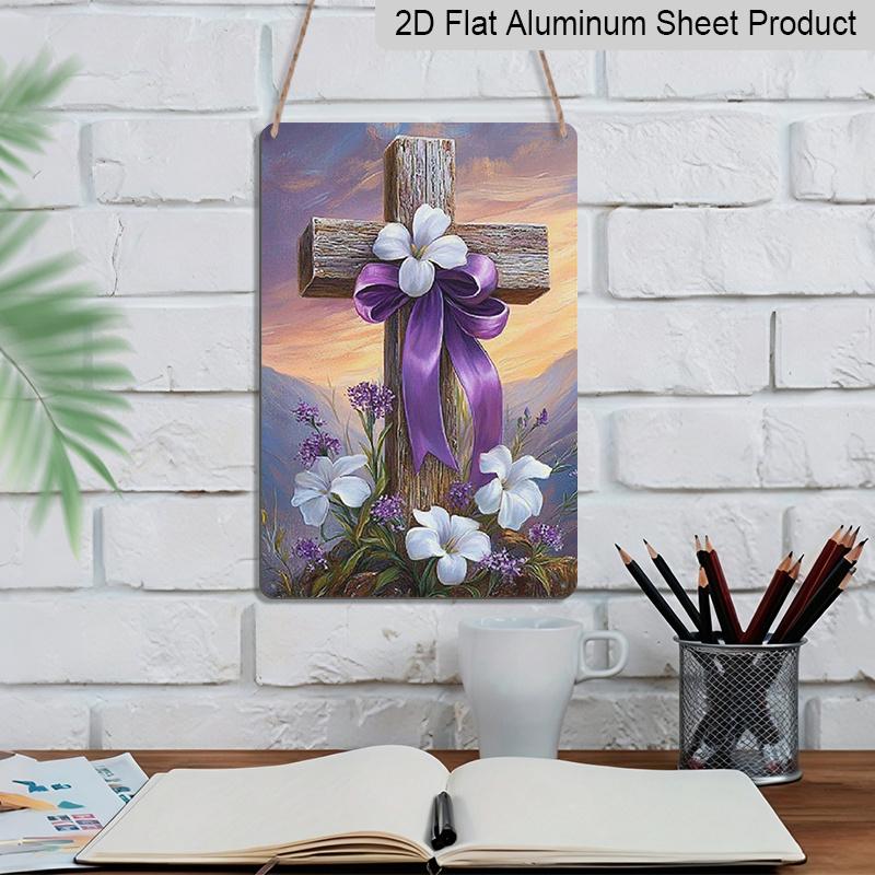 2D Flat, 1pc Beautiful Cross with Lilies Aluminum Sign 7.87*11.8 Inchs Decorative Sign &, Plaque for Spring All Seasons, Festival Decorations for