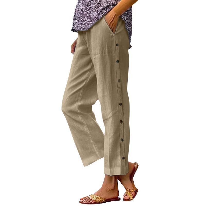 Women's New Breathable Cropped Pants Decorative Buckle Side Pocket High Waist Loose Casual Pants