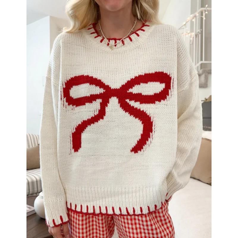 Womens Oversized Knit Sweater With Bow Embroidery Loose Fit Cozy Winter Pullover