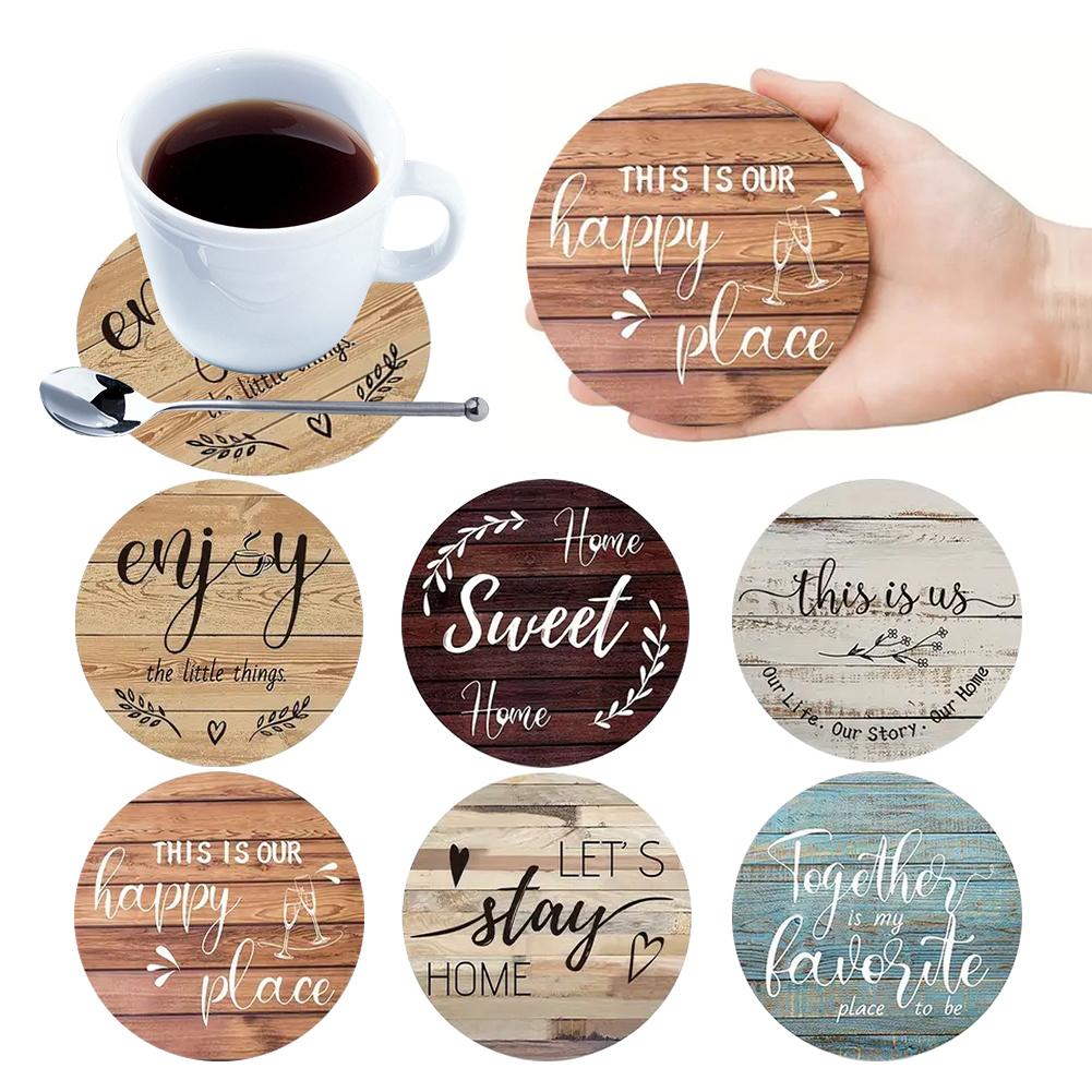 6Pcs Wooden Cup Coasters Set Aesthetic Non Slip Round Coasters Exquisite Coffee Mug Coasters Decorative Cup Mats for Home Office