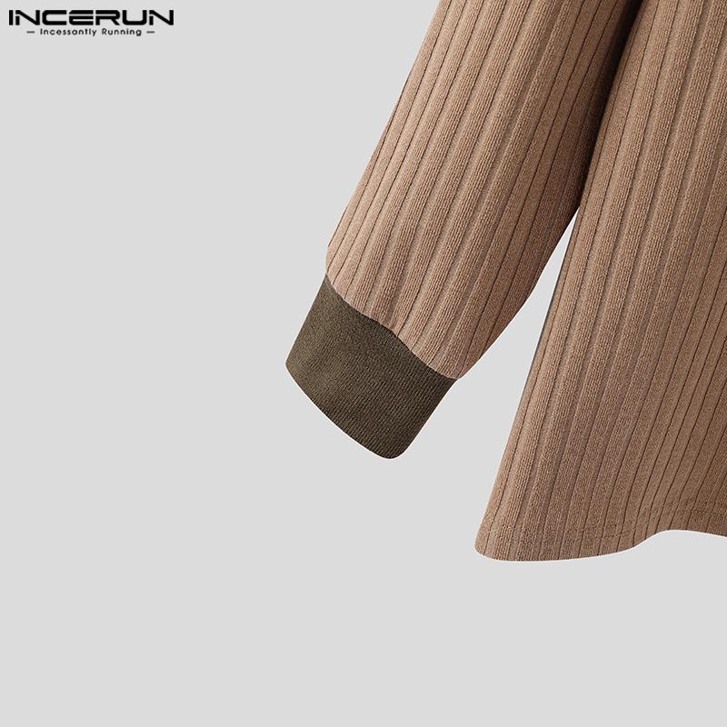INCERUN Autumn Men Lapel Neck Long Sleeve Stitching Patchwork Rib Knitted Pullovers Tops