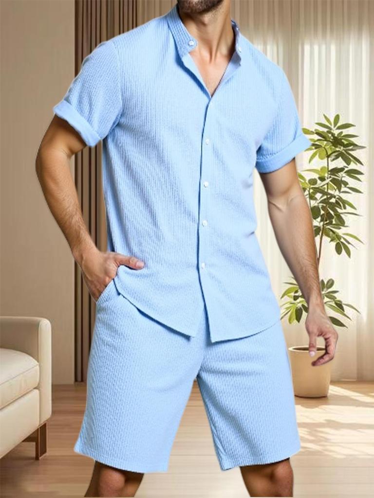 Men's Shorts Sets Fashion Solid Vacation Beach Outfit Summer Tracksuits Lapel Button Shirt and Shorts Casual Two Piece Sets