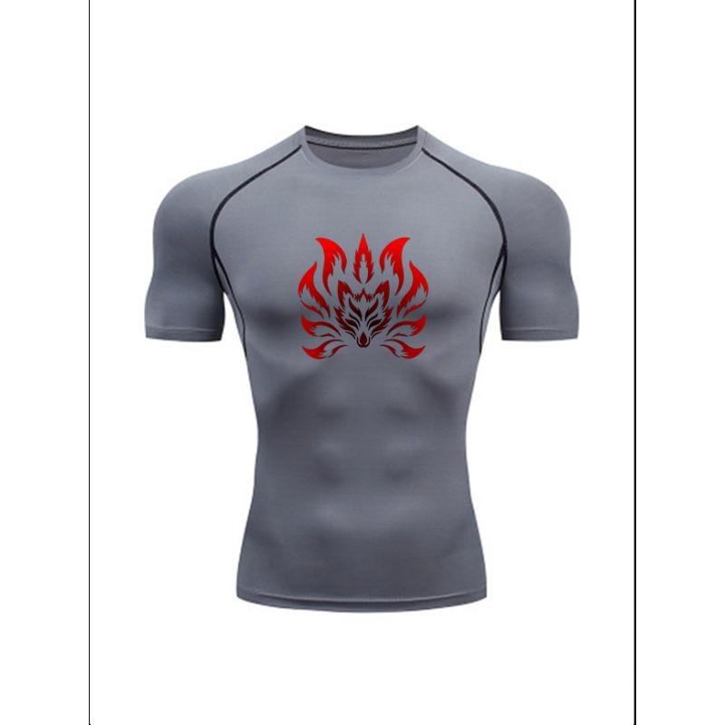 Men'S Demon Print Compression T-Shirt, Quick Dry Short Sleeve Gym Workout Tee, Gothic Tribal Pattern Athletic Fitness Training Top