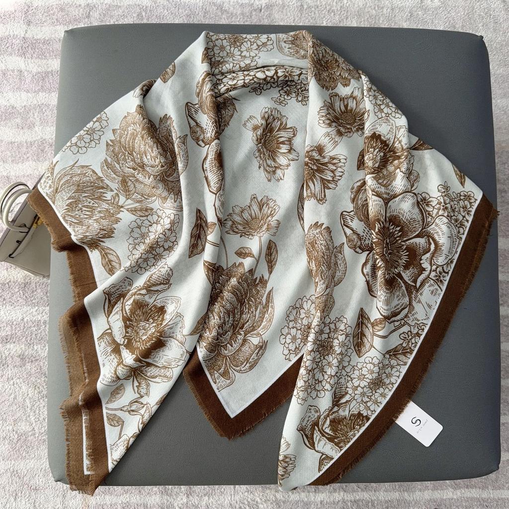 New four-sided loose beard large square scarf black and white camellia warm shawl with printed silk scarf women