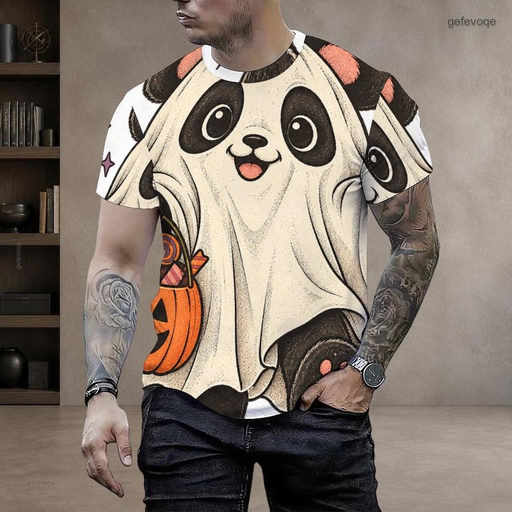 Men Plus Size Round Neck Short Sleeve T Shirt Halloween Panda Ghost Printed Casual Tee