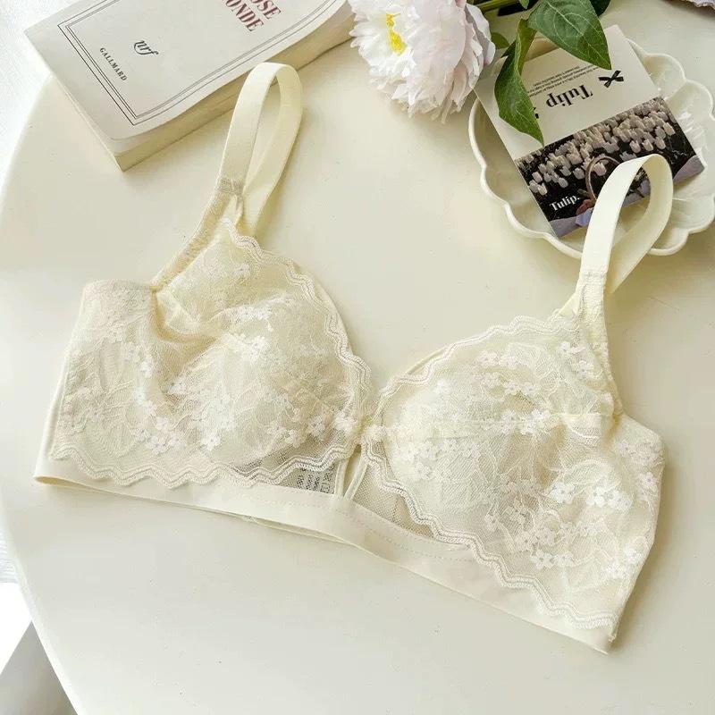 French Lace Crystal Cup Big Chest Small Underwear Women's Summer Thin and Thin Without Steel Ring Collection Sub-breasts Rabbit Ears Cup Bra