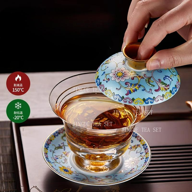 135ml Enamel Colored Three Piece Lid Bowl Single High-end Large Tea Bowl Thickened Anti Scalding Kung Fu Tea Set