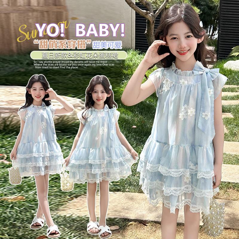 Girls' dress summer 2026 new French style small fly sleeves floral chiffon cake skirt princess skirt