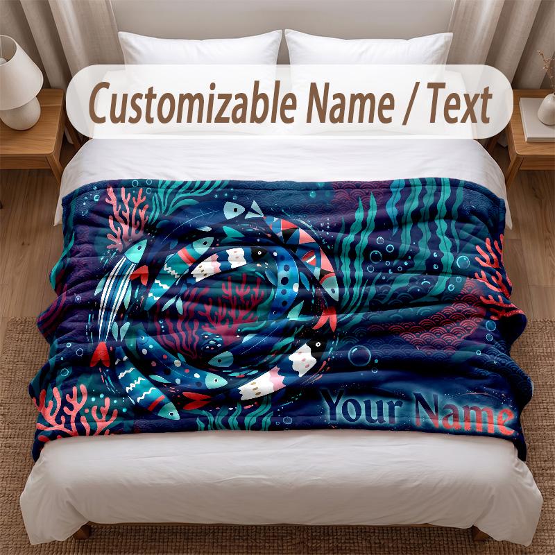 Fish Ocean Theme Soft Blanket Personalized Custom Name Text Print Warm Blanket Home Sofa Bedroom Decor