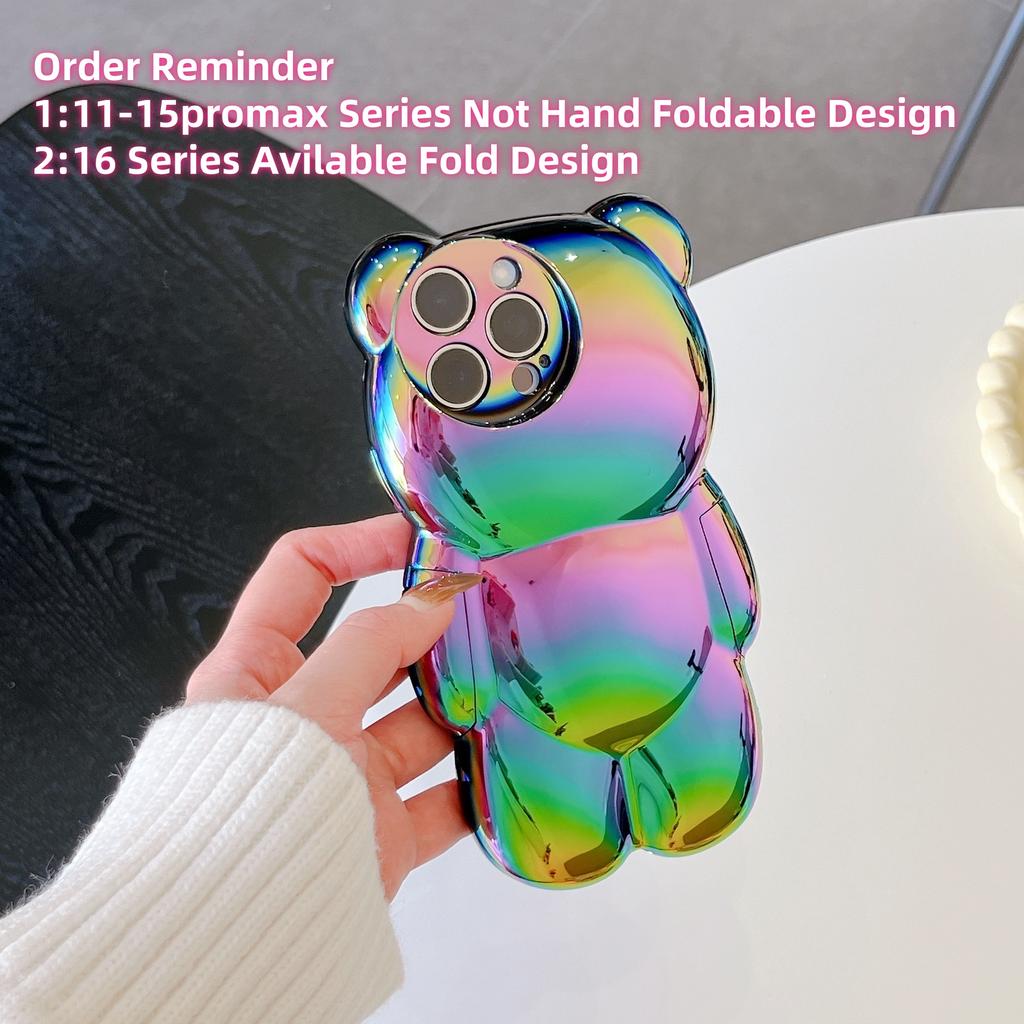 13D Electroplated Bear TPU Phone Case for iPhone 16 15 14 13 12 11 Promax Plus Cute Oil Print Shockproof Bumper Protection Cover